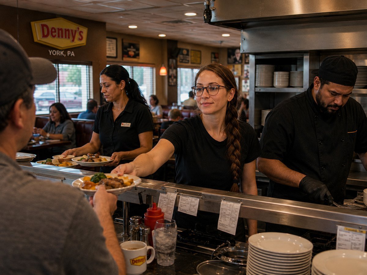 Illustration of Rachel handing a plate across the pass during a dinner rush at Denny's